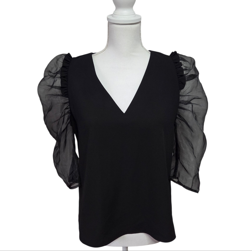 Crosby by Mollie Burch Black Sheer Puff Sleeves Statement Top Womens  Medium